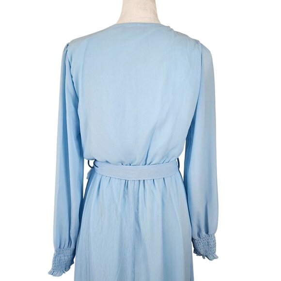 Womens Boho Small Light Blue Long Sleeve Midi Dress Elastic Waist Belt Wedding - Picture 8 of 12